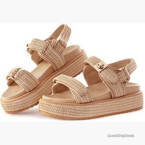 Platform Sandals with Raffia and Leather, Chunky Flat Woven Open Toe